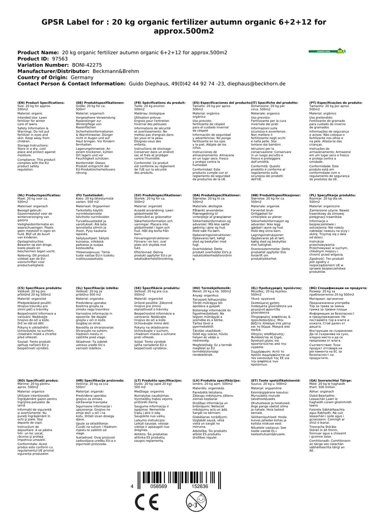 20 kg Bio-zāliena mēslojums rudens organisks 6+2+12 aptuveni 500m²-1