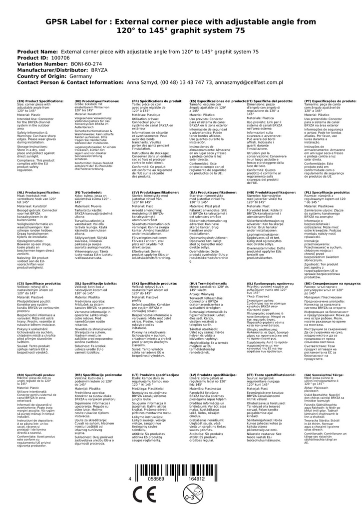 Ārējais stūra gabals ar regulējamu leņķi no 120° līdz 145° grafīts Sistēma 75-0