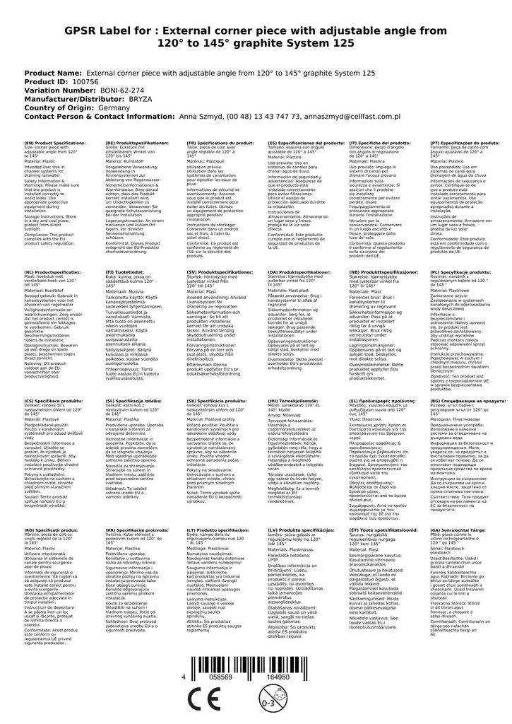 Ārējais stūra gabals ar regulējamu leņķi no 120° līdz 145° grafīts Sistēma 125-0