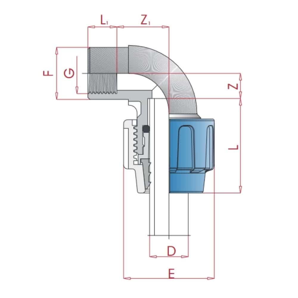 PP PE cauruļu savienojums 90° leņķis 20 x 1/2" IG-0