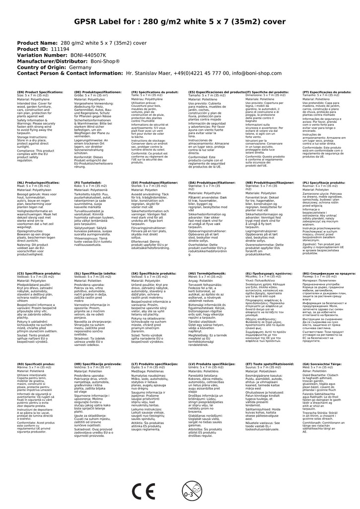 280 g/m² balts 5 x 7 (35m²) pārklājs-1