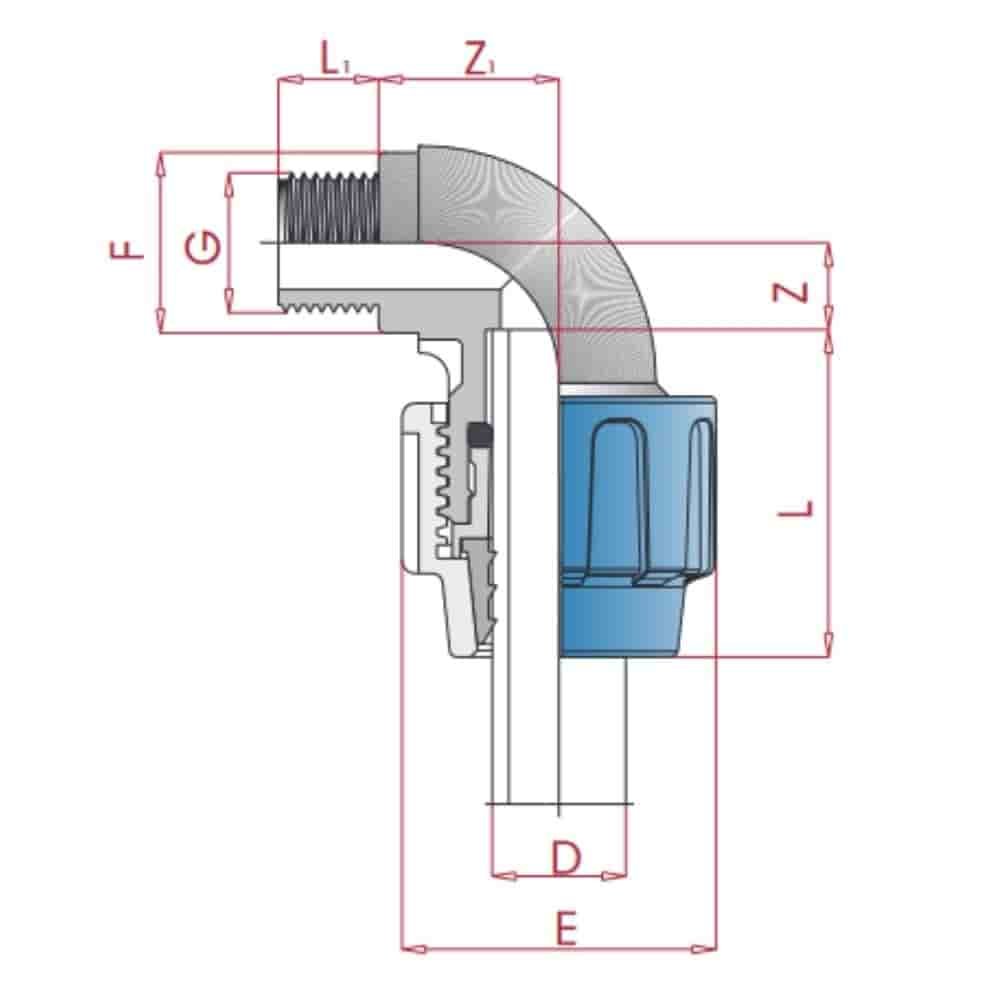 PP PE Rohr Verschraubung 90° Winkel 20 x 3/4" AG-0