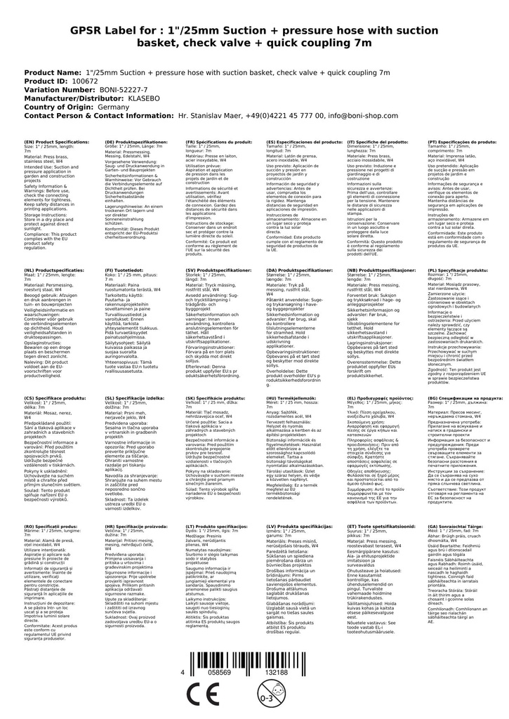 1/25mm iesūkšanas + izplūdes šļūtene ar sietu, atgriešanās vārstu + ātras pievienošanas savienotāju 7m-3