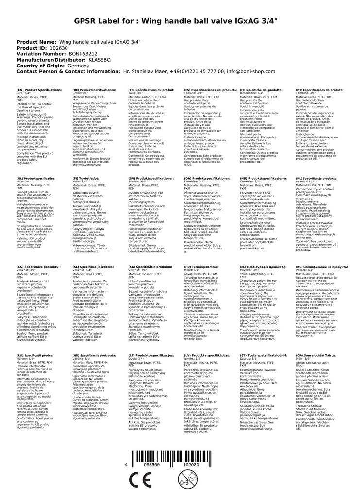 Spārnu roktura lodveida vārsts IGxAG 3/4"-1