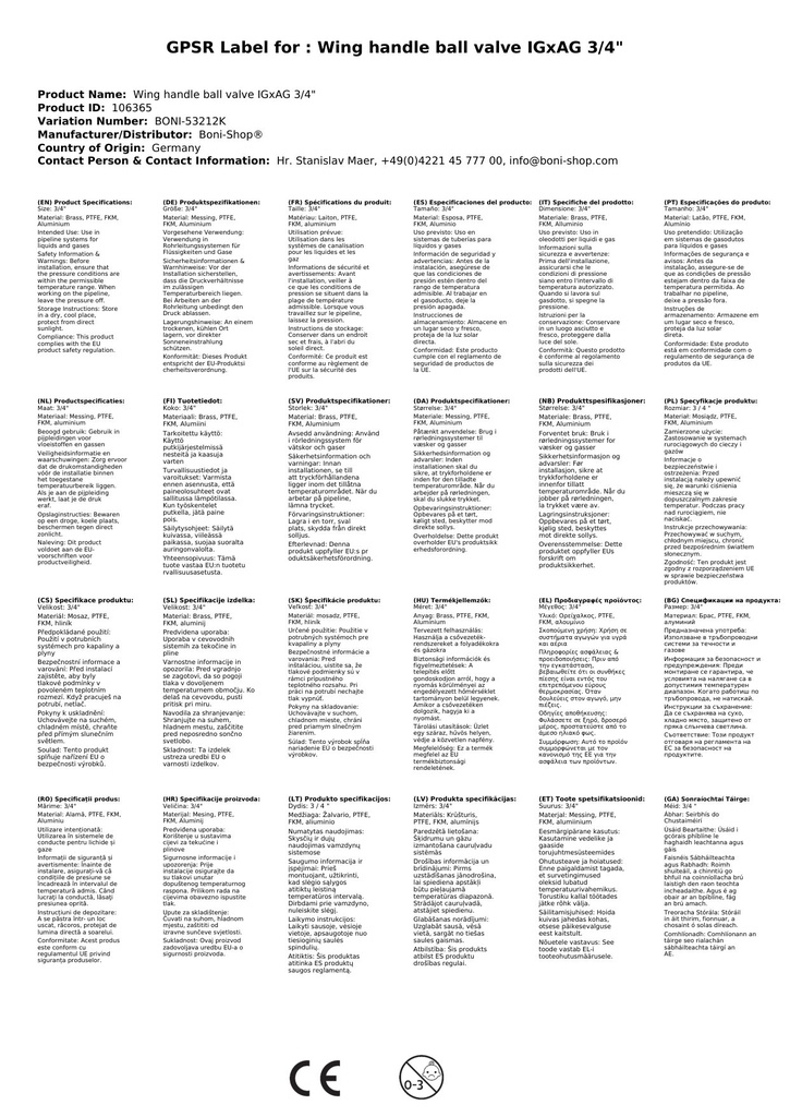 Spārnu roktura lodveida vārsts IGxAG 3/4"-1