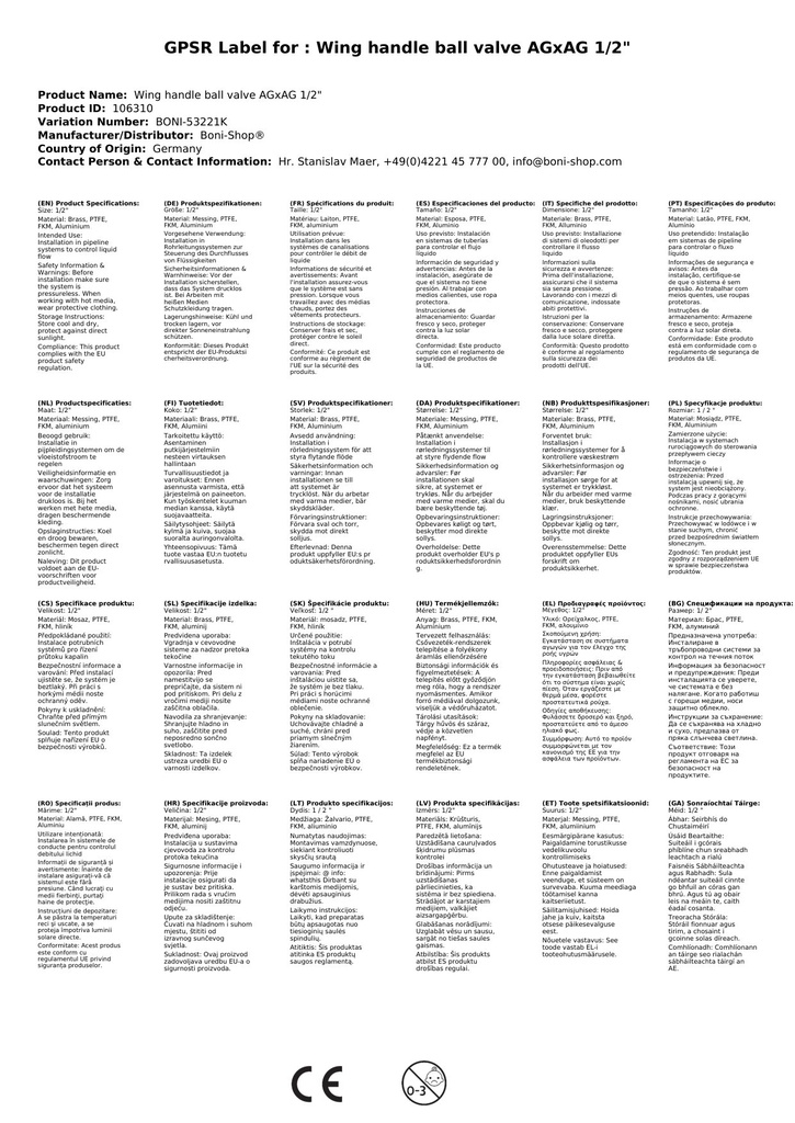 Spārnu roktura lodveida vārsts AGxAG 1/2"-1