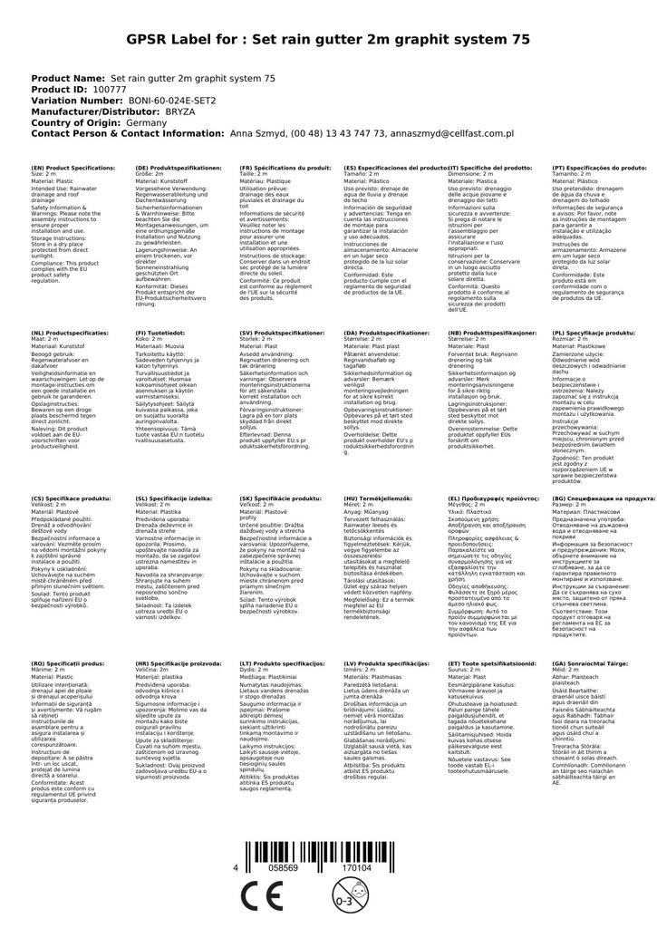 Komplekts Lietusūdens noteka 2m grafīts Sistēma 75-0