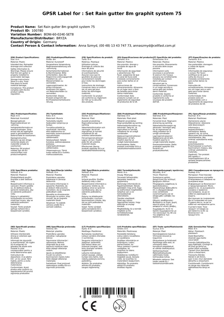 Komplekts Lietusūdens noteka 8m grafīts Sistēma 75-0