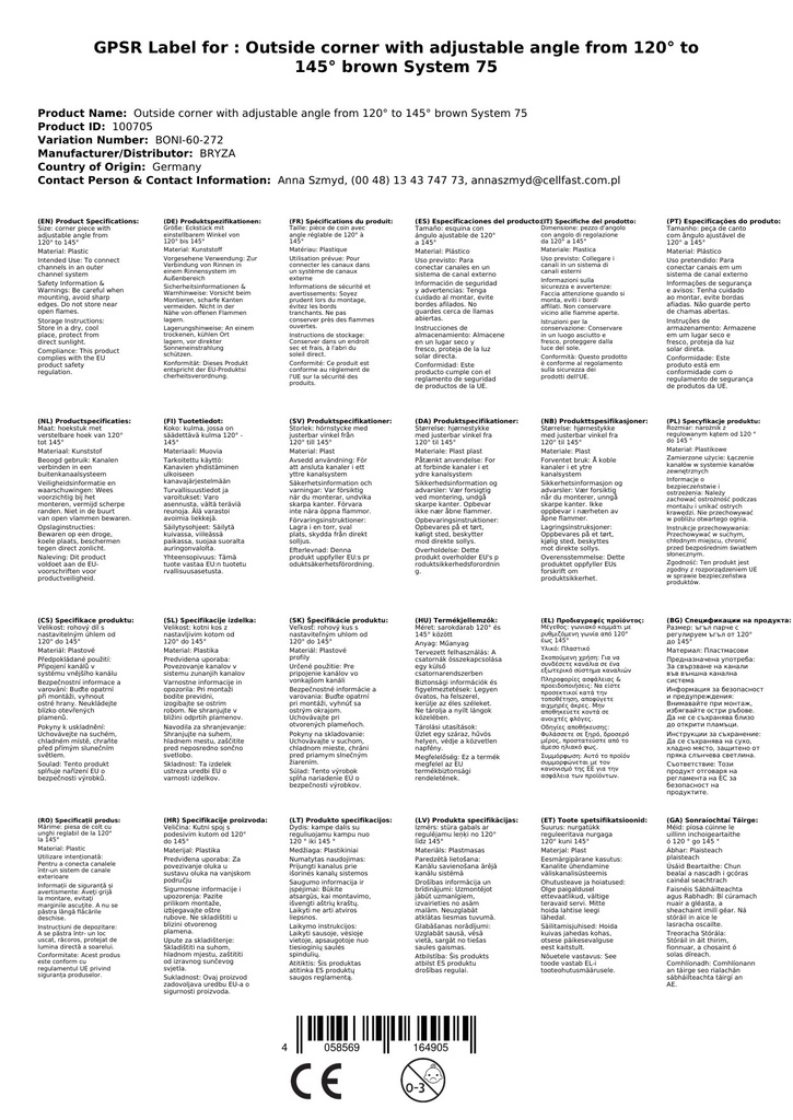 Ārējais stūra gabals ar regulējamu leņķi no 120° līdz 145° brūns Sistēma 75-0