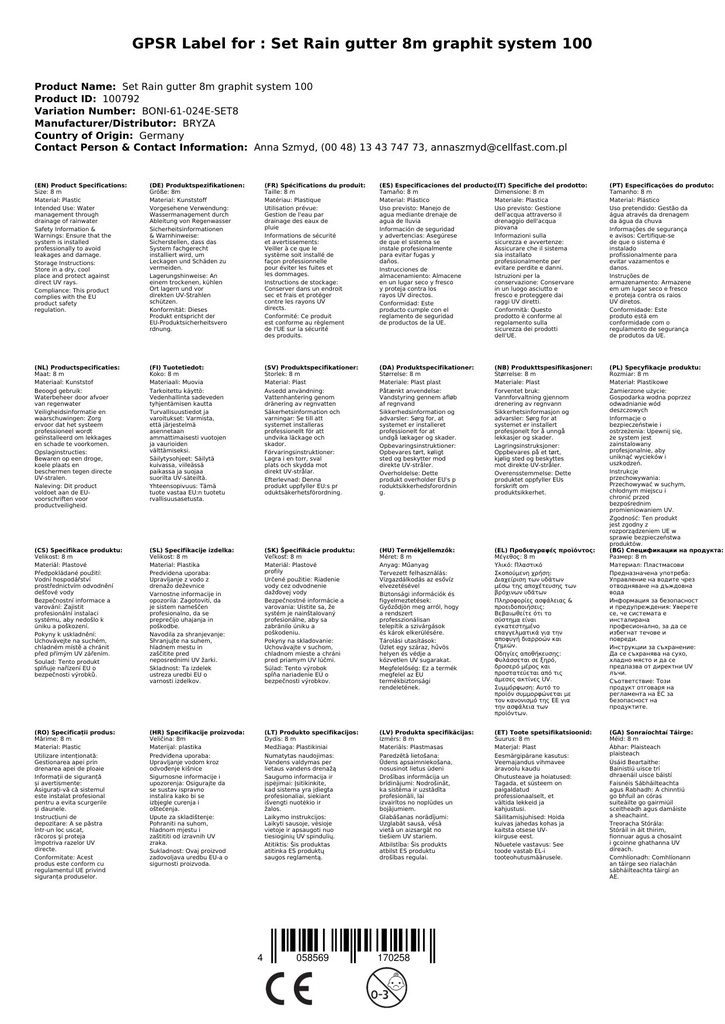 Komplekts Lietusūdens noteka 8m grafīts Sistēma 100-0