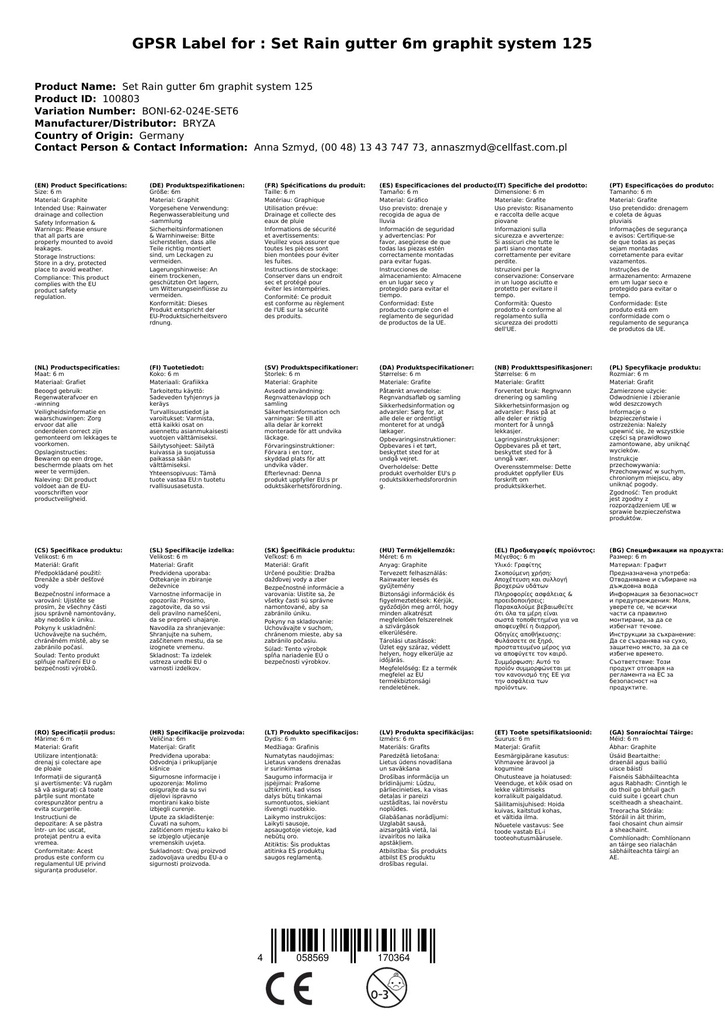 Komplekts Lietusūdens noteka 6m grafīts Sistēma 125-0