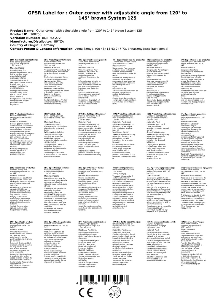 Ārējais stūra gabals ar regulējamu leņķi no 120° līdz 145° brūns Sistēma 125-0