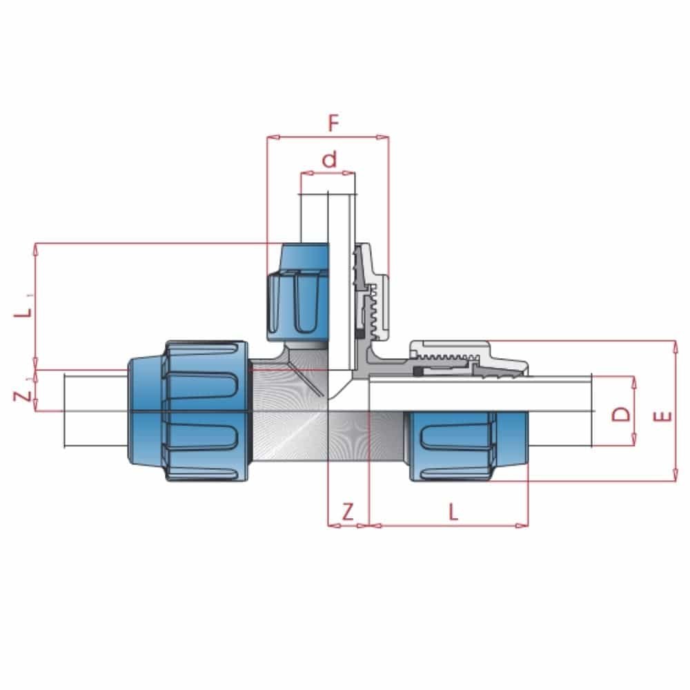 PP PE cauruļu savienojums T-veida samazināts 25 x 20 x 25-0