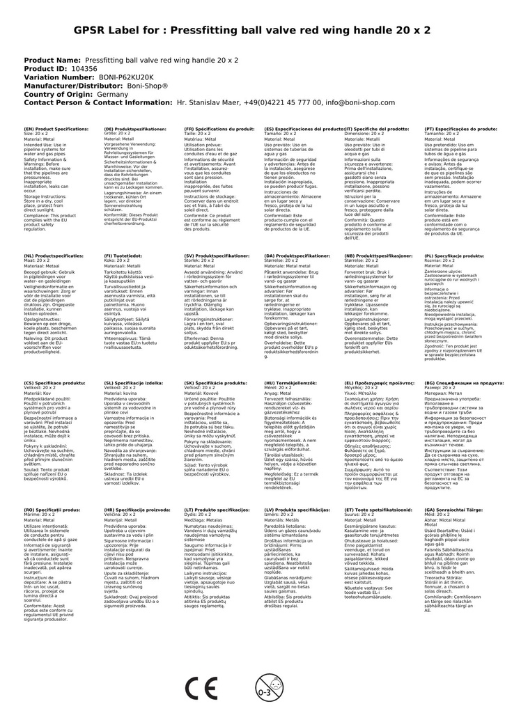 Presēšanas furnitūras lodveida vārsts sarkans spārna rokturis 20 x 2-3