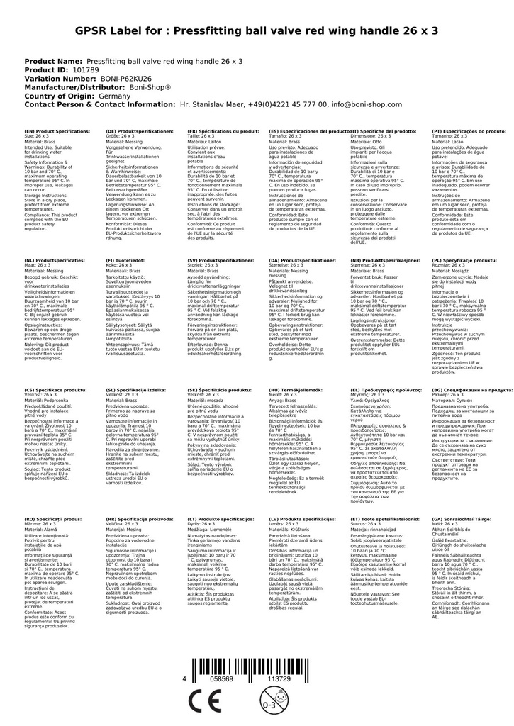 Presēšanas furnitūra lodveida vārsts sarkans spārna rokturis 26 x 3-3