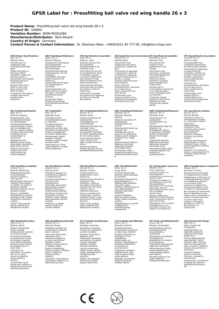 Presēšanas furnitūra lodveida vārsts sarkans spārna rokturis 26 x 3-3