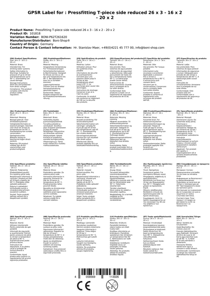 Presēšanas veidgabals T-veida savienojums samazināts 26 x 3 - 16 x 2 - 20 x 2-3