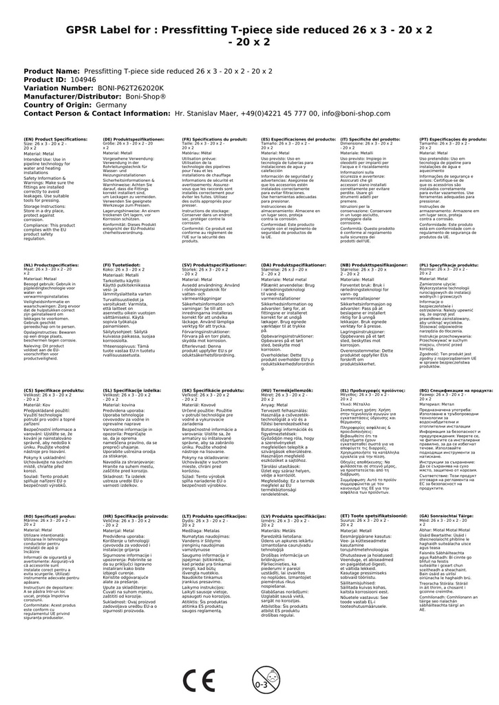 Presēšanas veidgabals T-veida savienojums samazināts 26 x 3 - 20 x 2 - 20 x 2-3