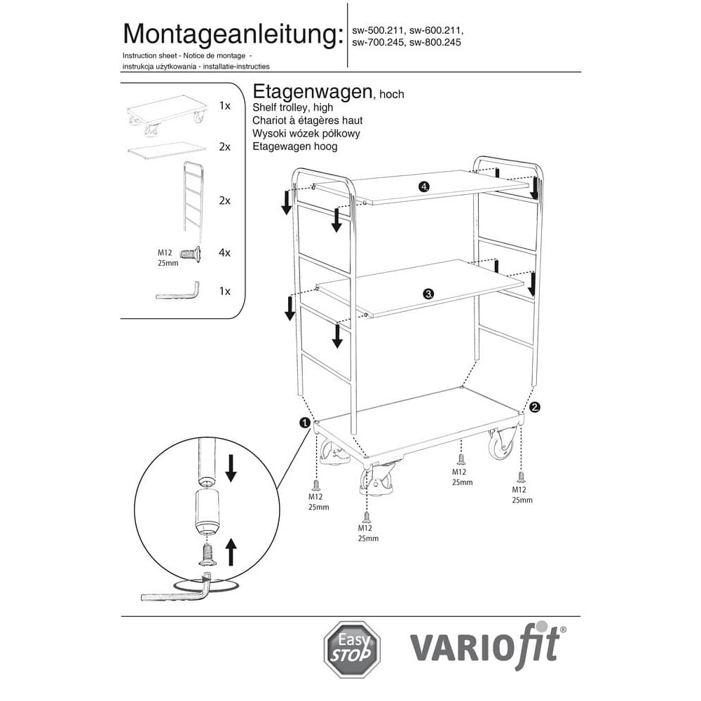 Augstais ratiņš ar 3 plauktiem 250 kg tips S + EasySTOP-1