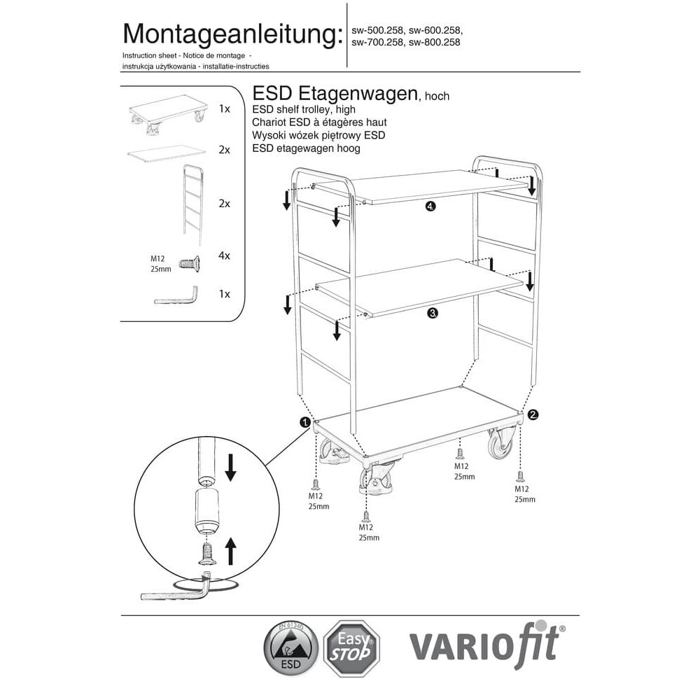 Augsts ESD grīdas ratu ar 3 plauktiem tips S + EasySTOP-0