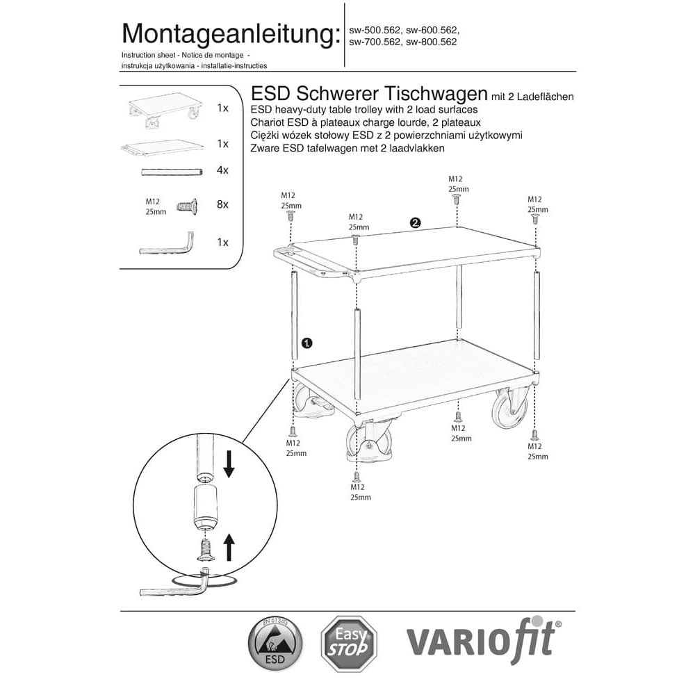 Smags ESD galda ratiņš ar 2 platformām, S tips + EasySTOP-0