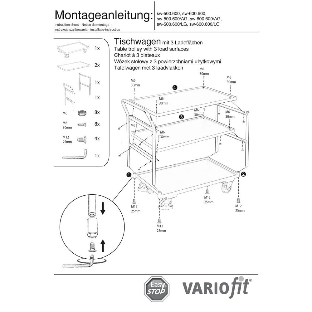 Galda ratiņi 250 kg ar 3 platformām augsts bīdāmais rokturis Tips M + EasySTOP-0