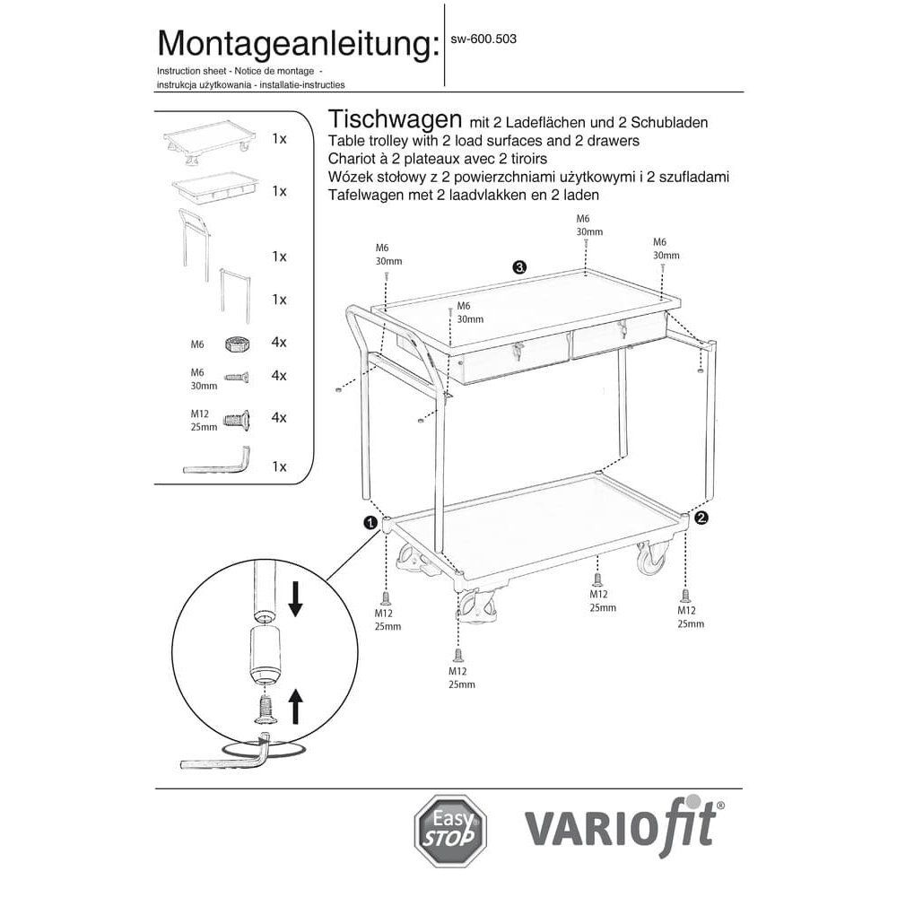 Galda ratiņi 250 kg ar 2 aizslēdzamām atvilktnēm augstu roktura stieni + EasySTOP-0