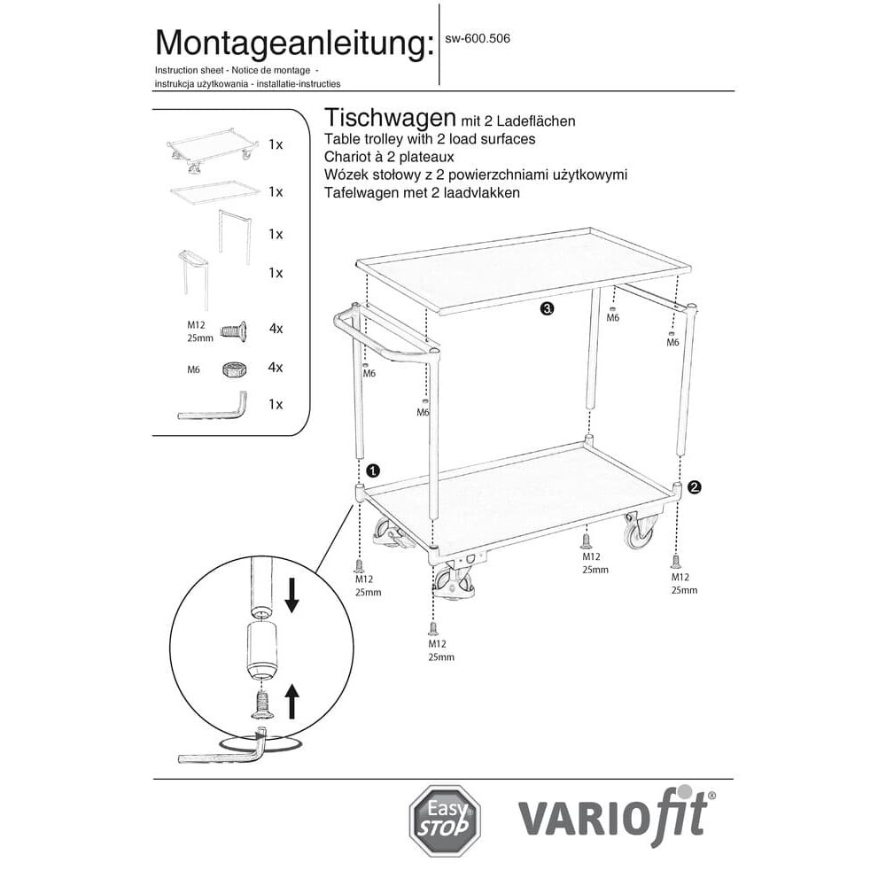 Daudzpakāpju galda ratiņi ar 2 līmeņiem, ar skrūvētām vannām, 25 mm mala + EasySTOP-0