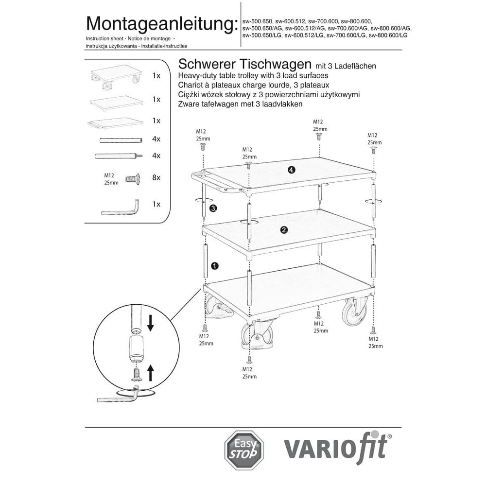 Smagais galdaratiņš 500 kg ar 3 paliktņiem Tips M + EasySTOP-0