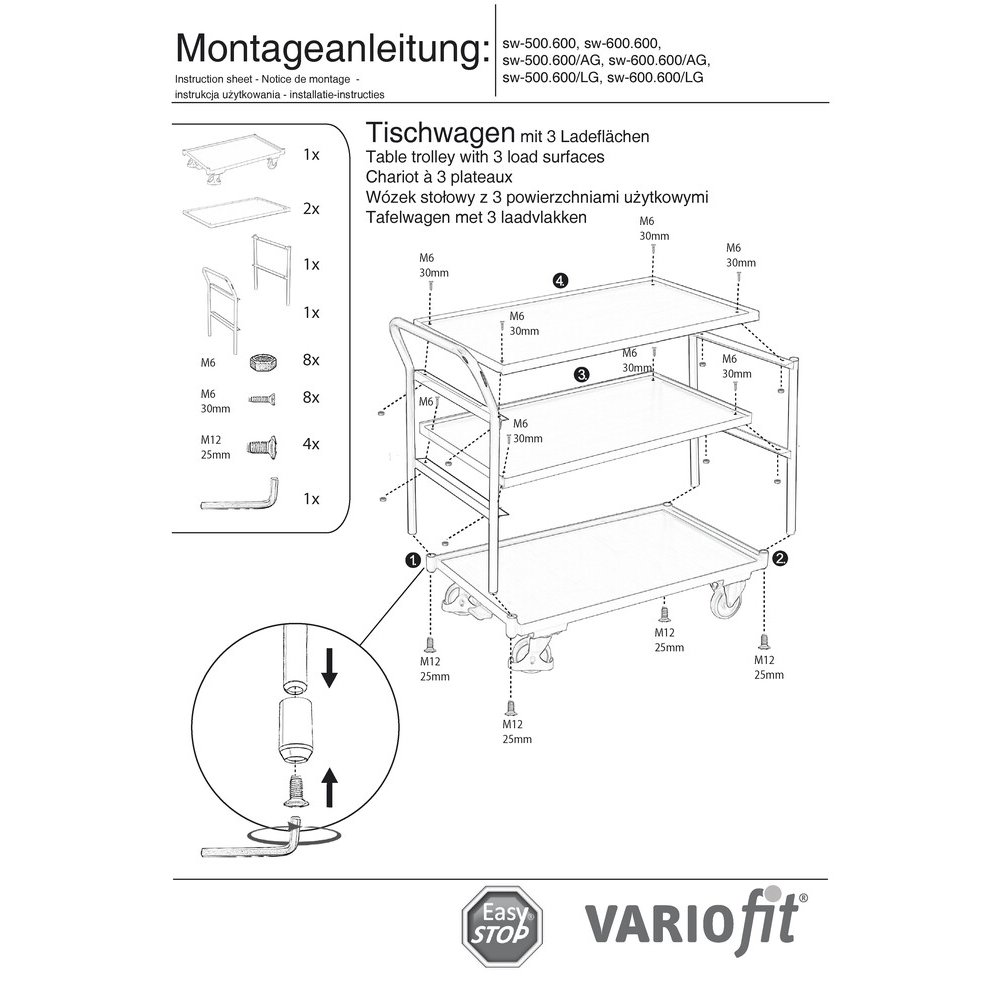 Ratiņgaldiņš 250 kg ar 3 plauktiem augstu rokturi Tip L + EasySTOP-0