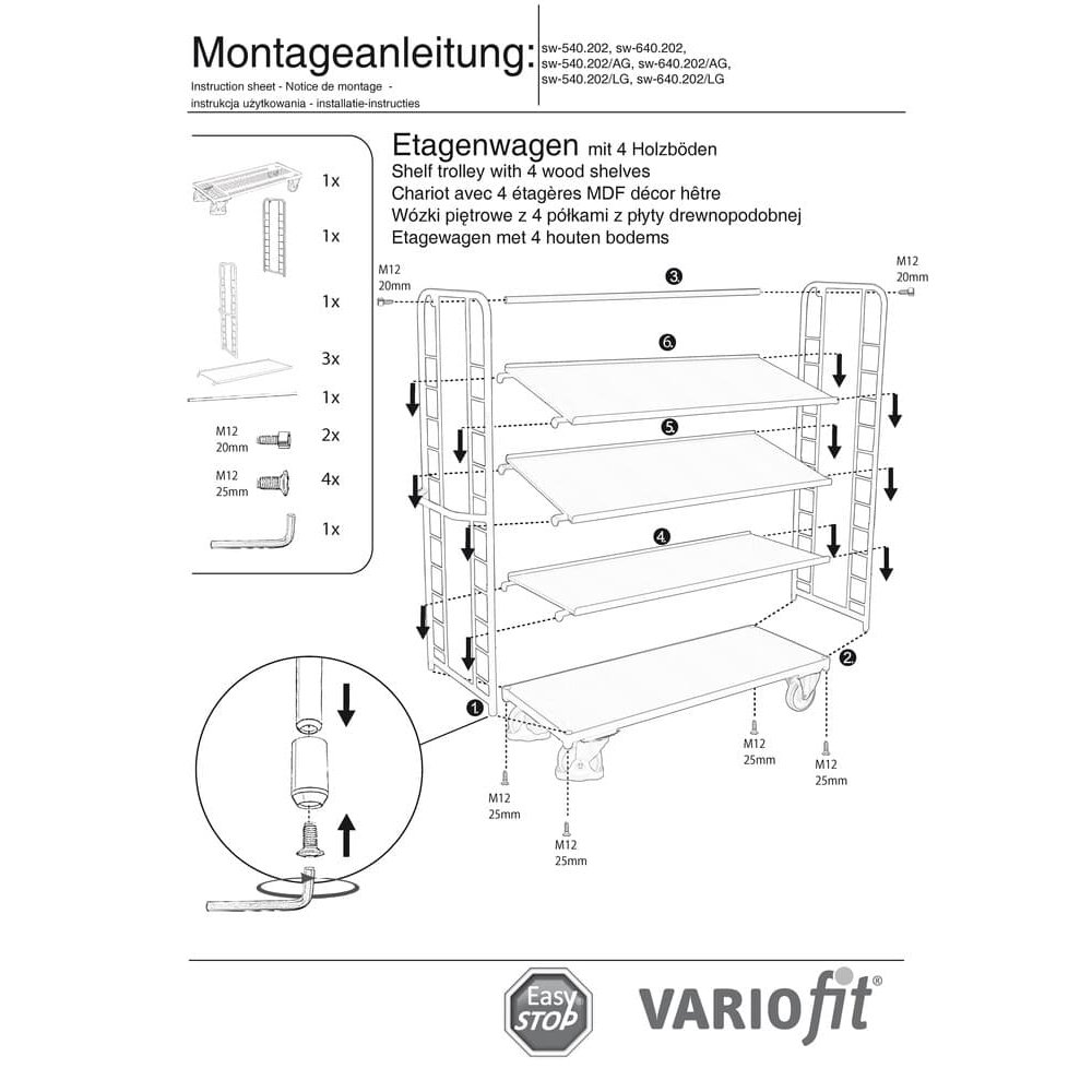 Stāvu ratiņi ar 4 plauktiem 400 kg kravnesība tips L + EasySTOP-0