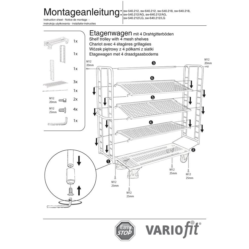 Stāvu ratiņi ar 4 stiepļu režģa plauktiem, pulverpārklājums, 400 kg tips L + EasySTOP-1