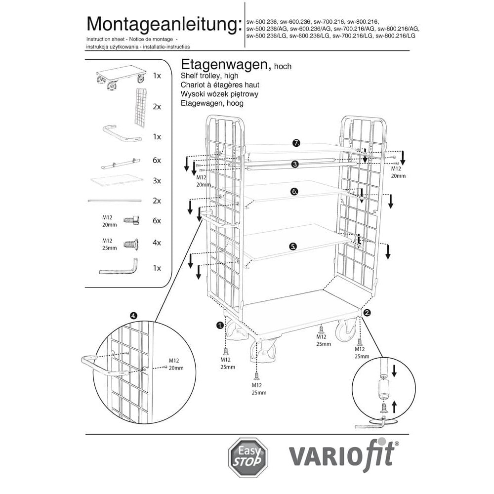 Paku ratiņi augsti ar 2 režģa sienām + 4 plauktiem 500 kg nestspēja Tips L + EasySTOP-1