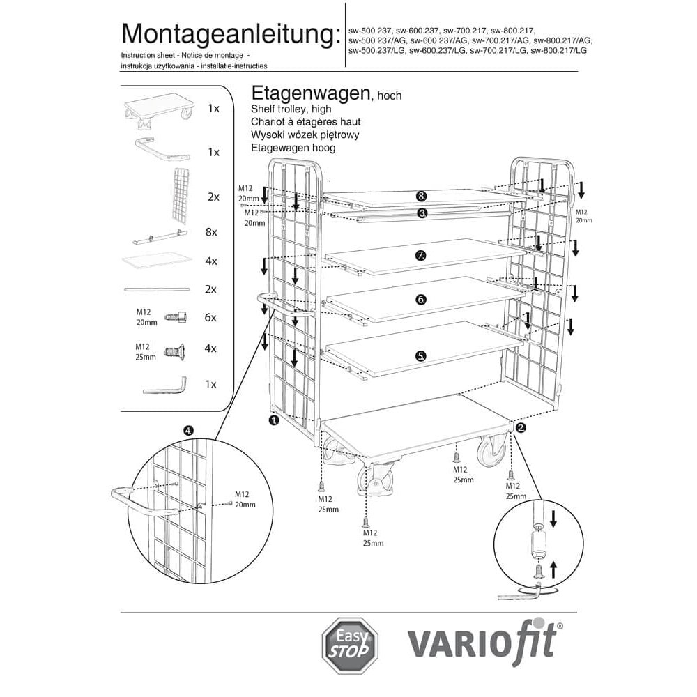 Pakta ratiņi augsti ar 2 režģa sienām + 5 plaukti 500 kg slodze Tips L + EasySTOP-0