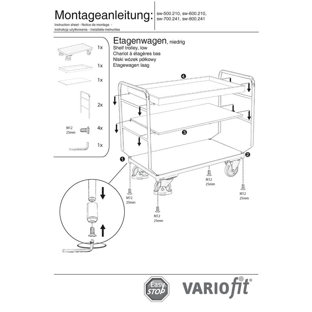 Stāvu rati ar 1 paplāti un 2 plauktiem 250 kg kravnesība Tips L + EasySTOP-1