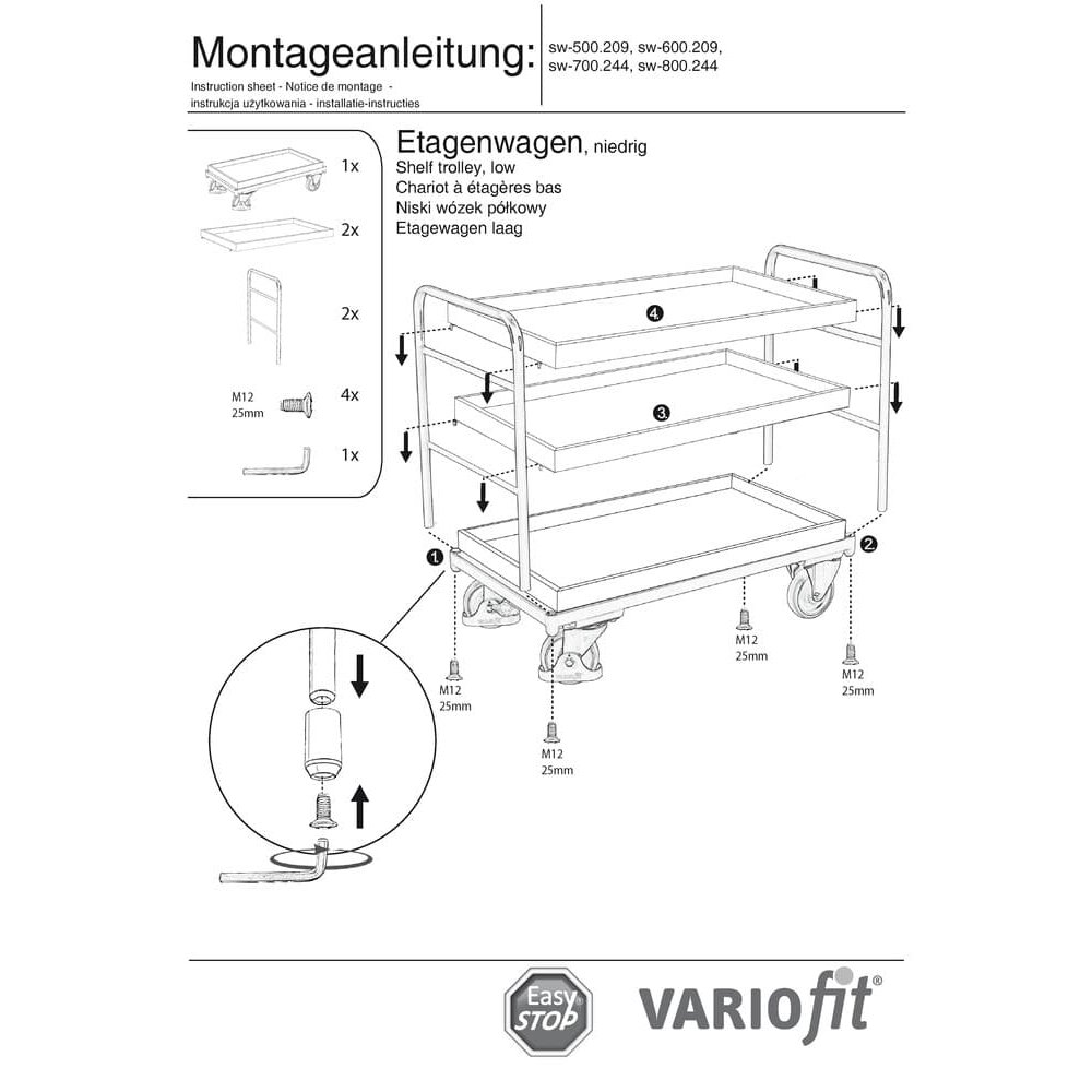 Plauktu rati ar 3 paplātēm, kravnesība 250 kg, tips L + EasySTOP-0