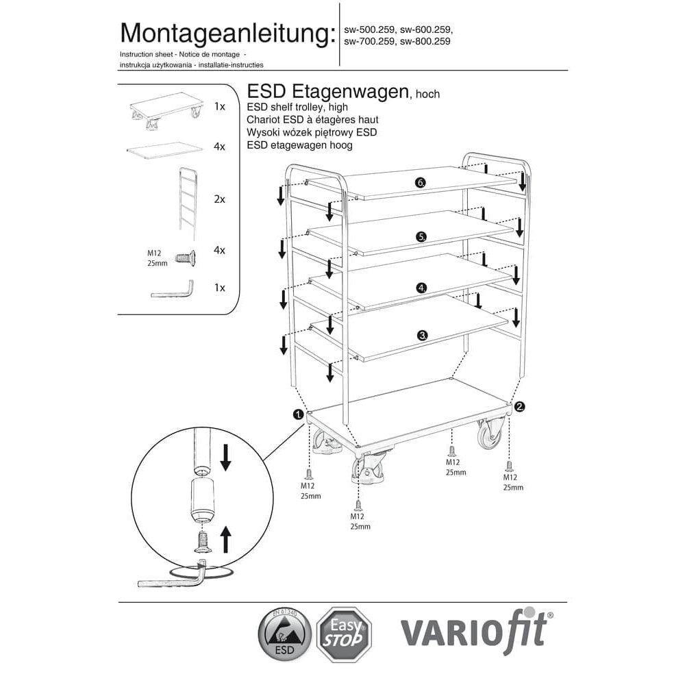 Augsts ESD plauktu ratiņi ar 5 plauktiem Tips L + EasySTOP-0