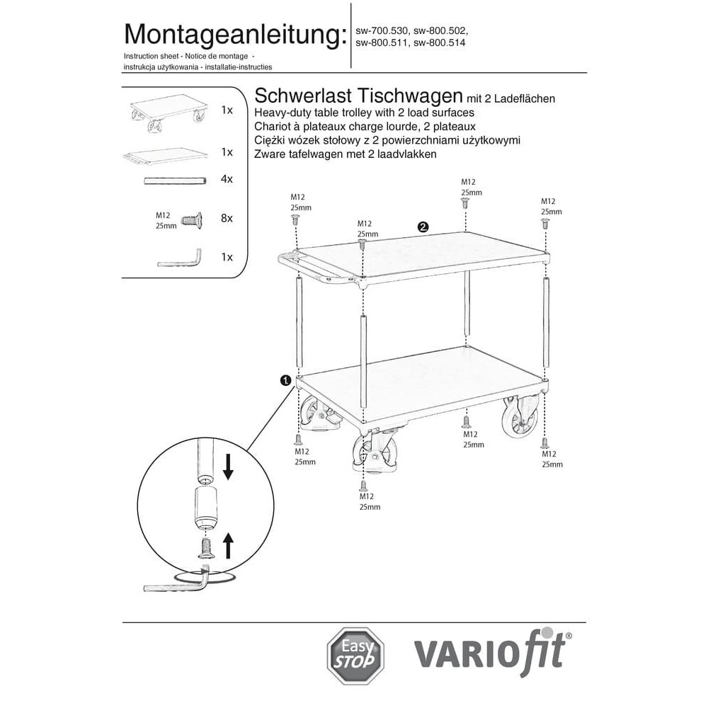 Smags galda ratiņi 1000 kg ar 2 plauktiem Tips S + EasySTOP-0