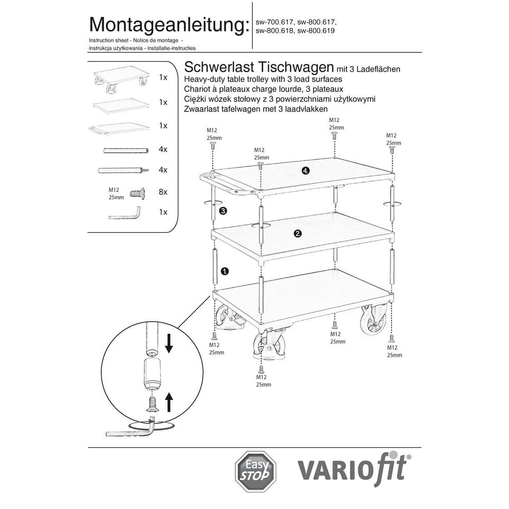 Smagais galda ratiņš 1000 kg ar 3 kraušanas platformām Tips S + EasySTOP-0