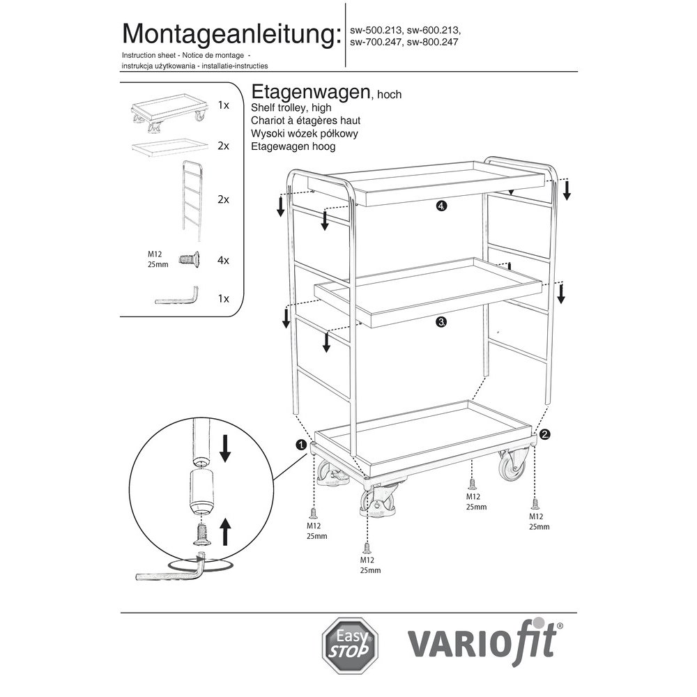 Augstais plauktu ratiņš ar 3 paliktņiem 250 kg slodzes tips XL + EasySTOP-1