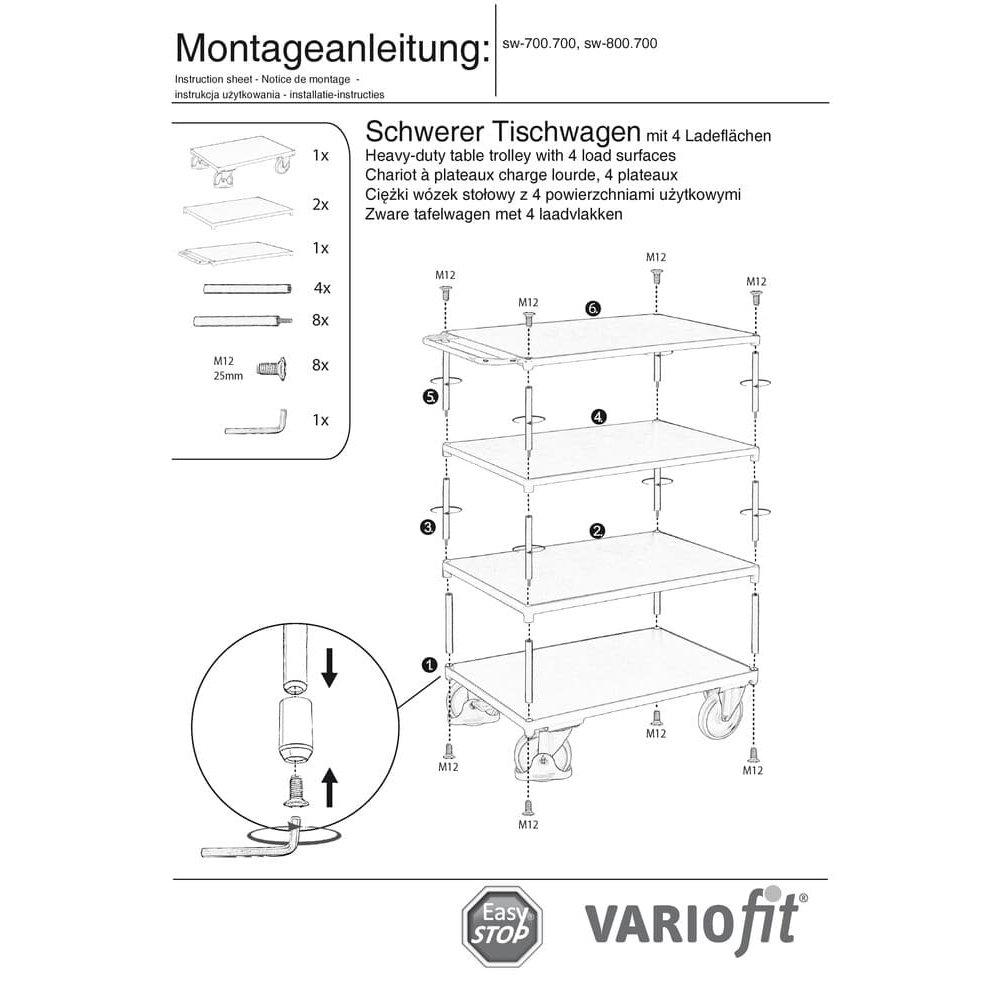 Smags galds uz ratiņiem 500 kg ar 4 platformām, tips L + EasySTOP-0