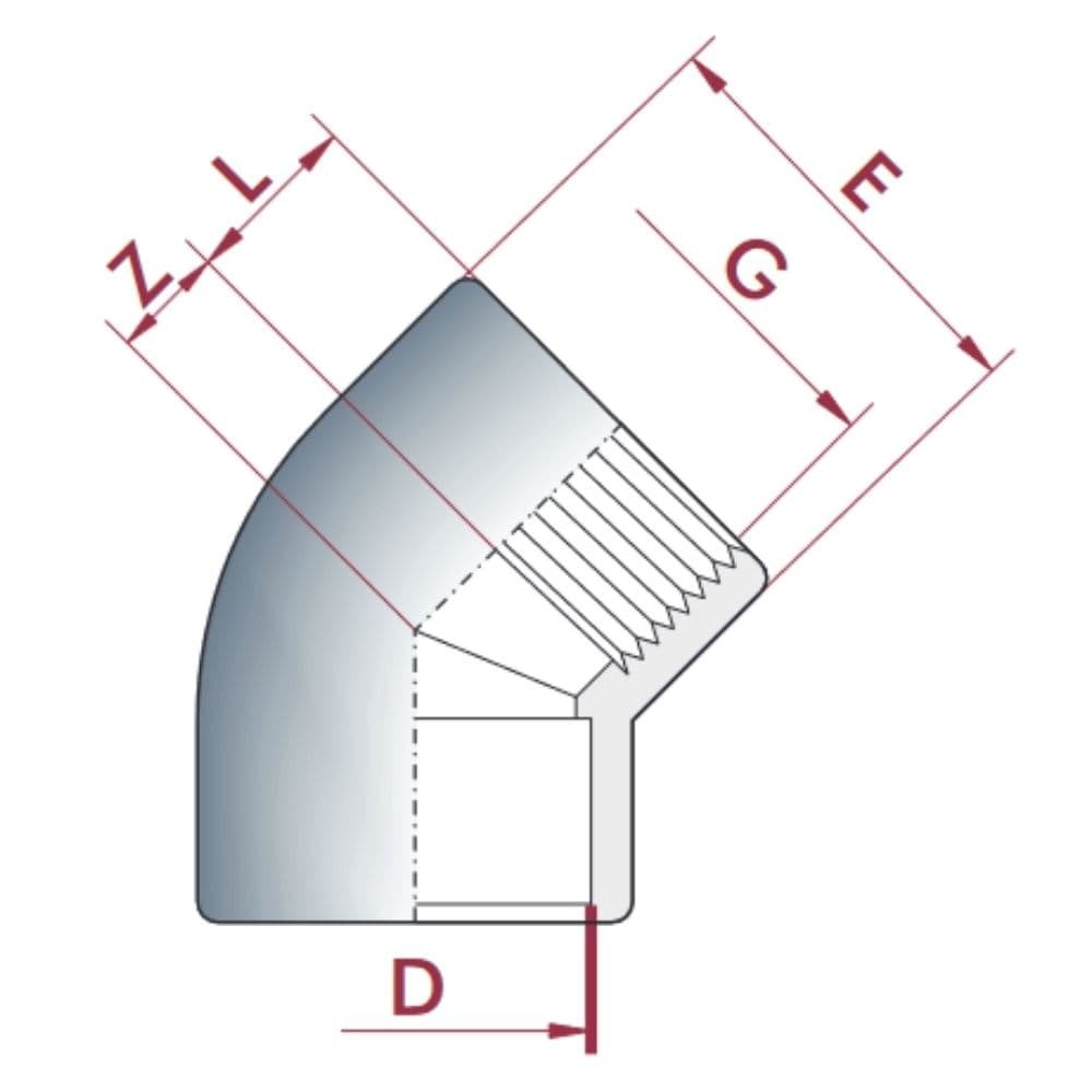 PVC-U 45°Līkums Muffe x IG 25 mm x 3/4" PN10-0