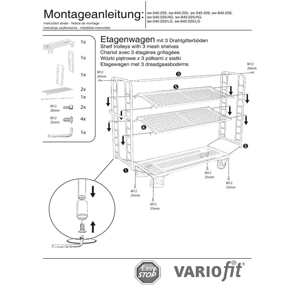 Stāvu rati ar 3 stiepļu režģa plauktiem, pulverkrāsoti 250 kg slodzes tips M + EasySTOP-0