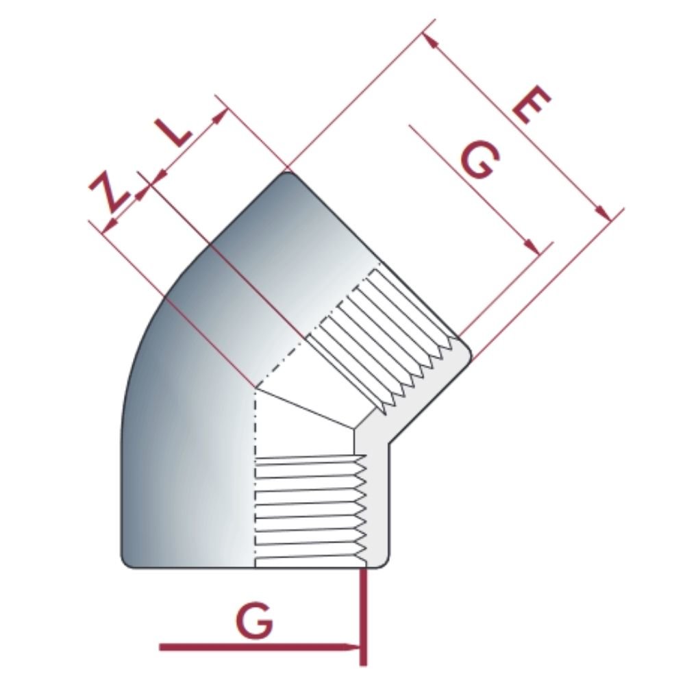 PVC-U 45°Līkums IG 1 1/2" PN10-0