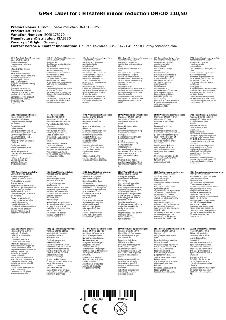 HTsafeRI Innenreduktion DN/OD 110/50-2