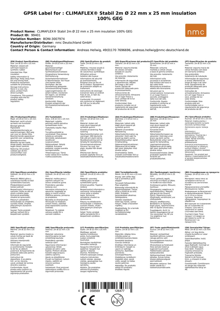 CLIMAFLEX® Stabil 2m Ø 22 mm x 25 mm izolācija 100% GEG-1